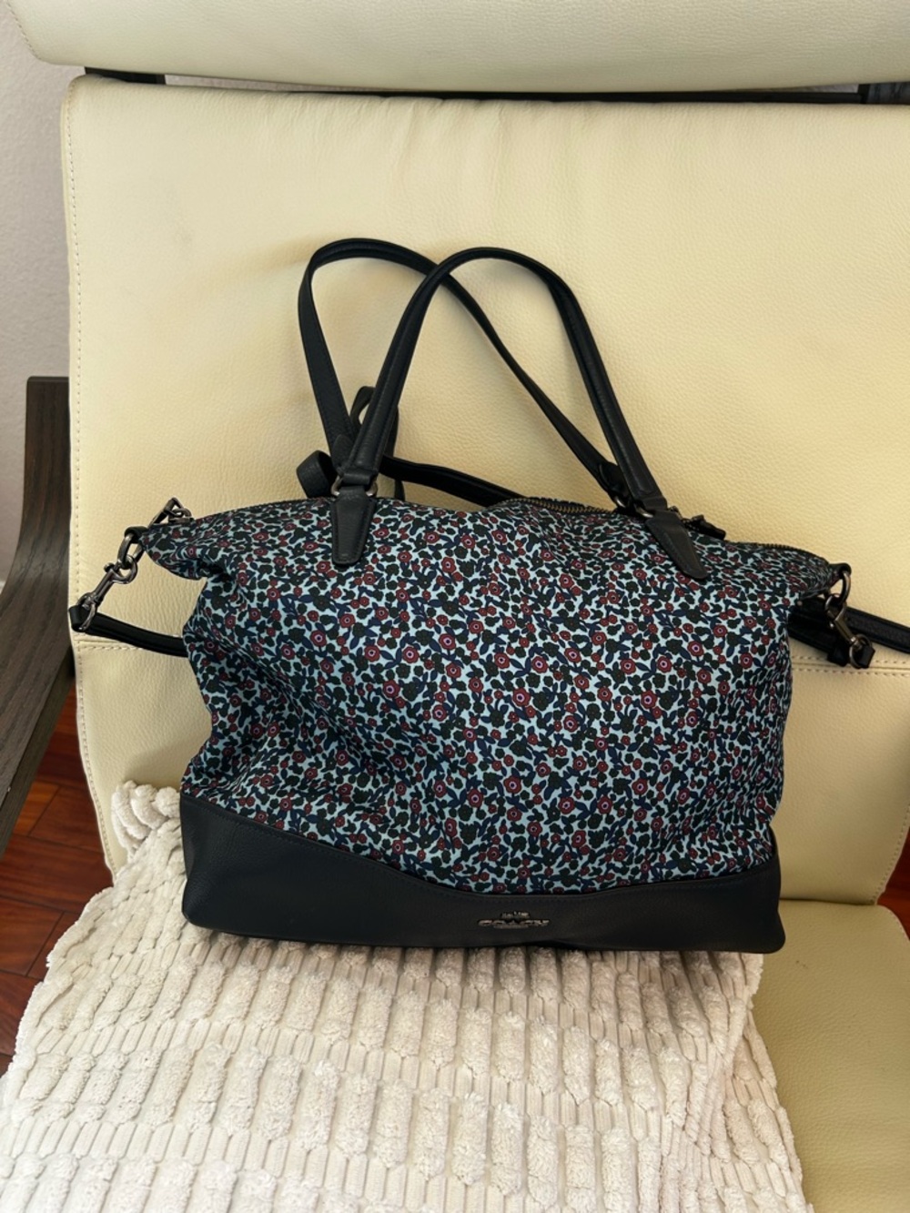 Vintage Coach Black Floral Print Shoulder Bag with Blue-Green Accents